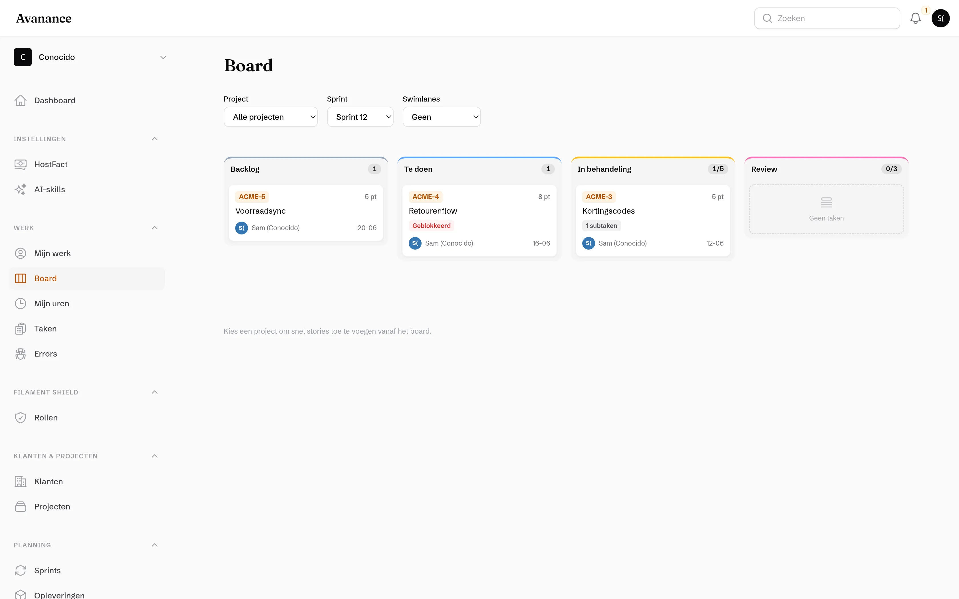 Kanban-board met kolommen Backlog, Te doen, In behandeling en Review